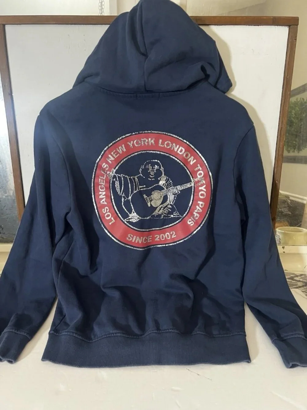 True Religion Hoodie Mens Medium Blue Navy Zip Up Buddha Horseshoe Logo.    Q